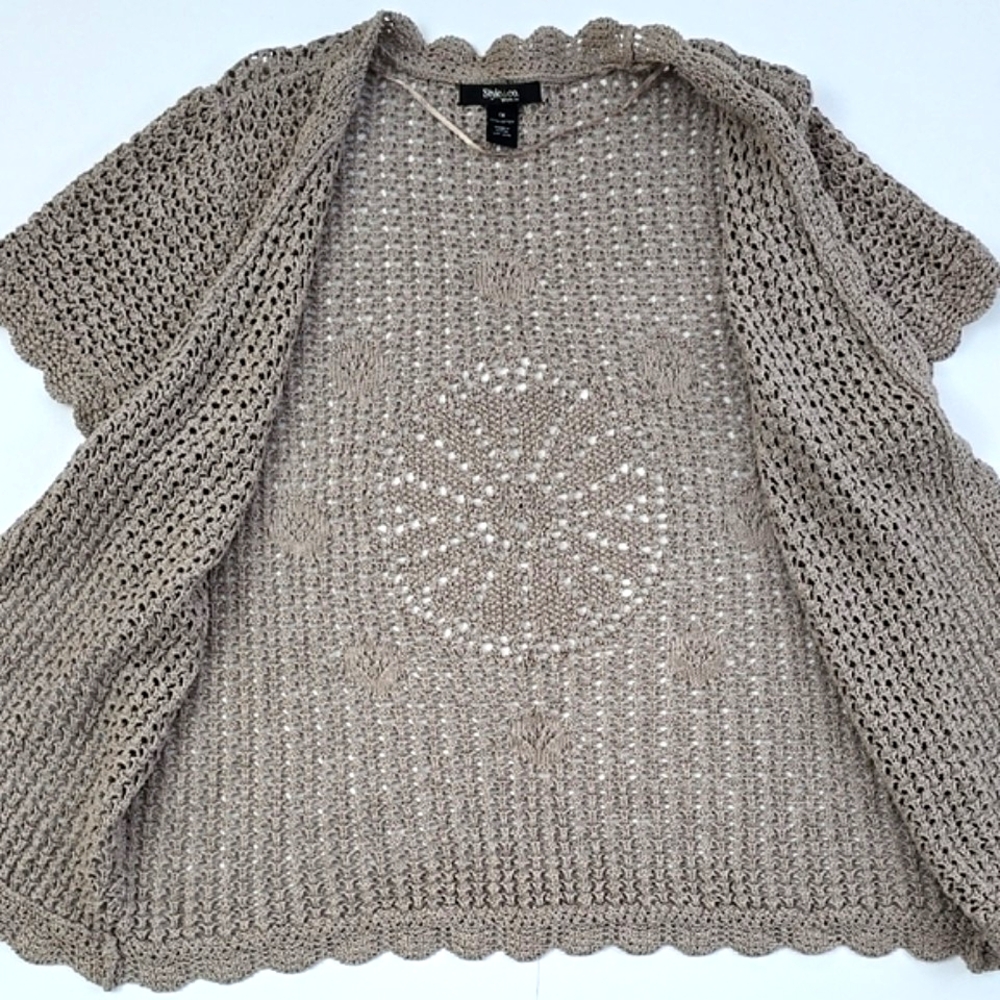 Style & Co Women's Open Front Short Sleeves Cotton Taupe Crochet Cardigan Sz 1X - Picture 4 of 13